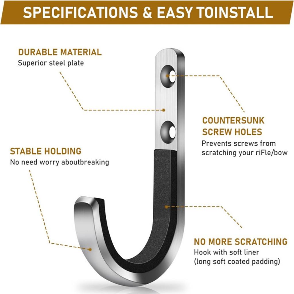 Stainless Ladder Hooks Wall Mount 4 Pack Metal Key Hooks Soft Felt Lining for Gun Rack Shotgun Wall Mount Storage Stainless Steel Gun Hanger