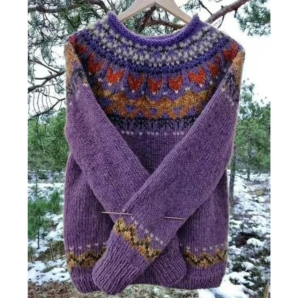 Свитер, Женский, Круглый вырез, Цветной блок, Свободный крой, Пуловер, Вязаный свитер, Теплый, Повседневный топ