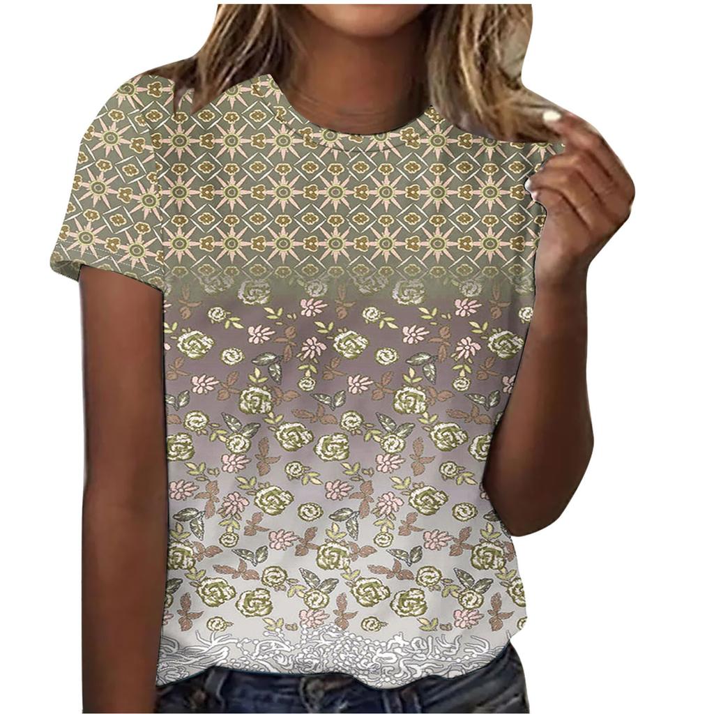 Summer Round Neck Beautiful Floral Print Top Fashionable Casual Short Sleeved Women's T-shirts