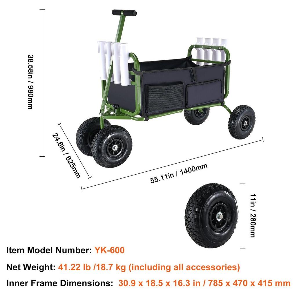 Beach Fishing Cart, 300 lbs Load Capacity, Foldable Fish and Marine Cart with Four 11" Big Wheels Rubber Balloon Tires for Sand, Heavy-Duty Steel Pier