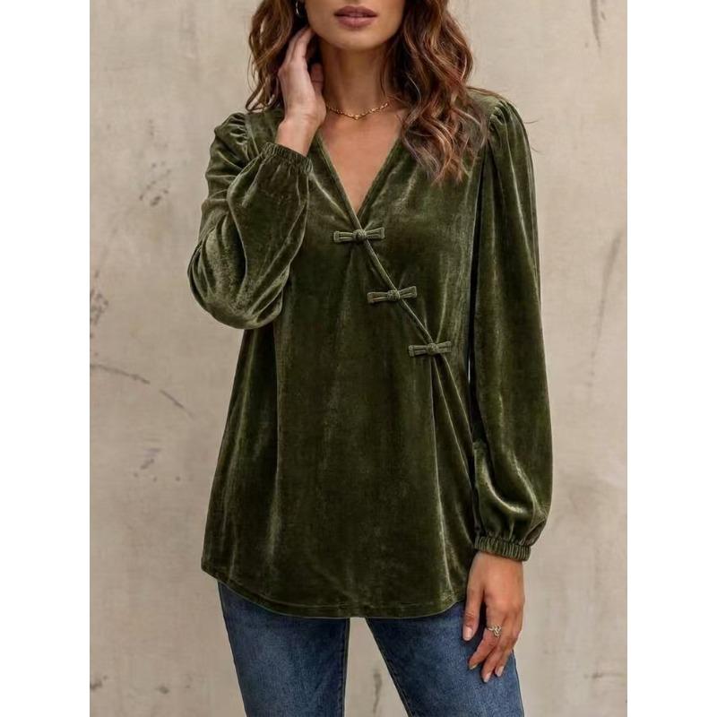 Women S Casual Fashion Velvet Long Sleeve V Neck Shirt
