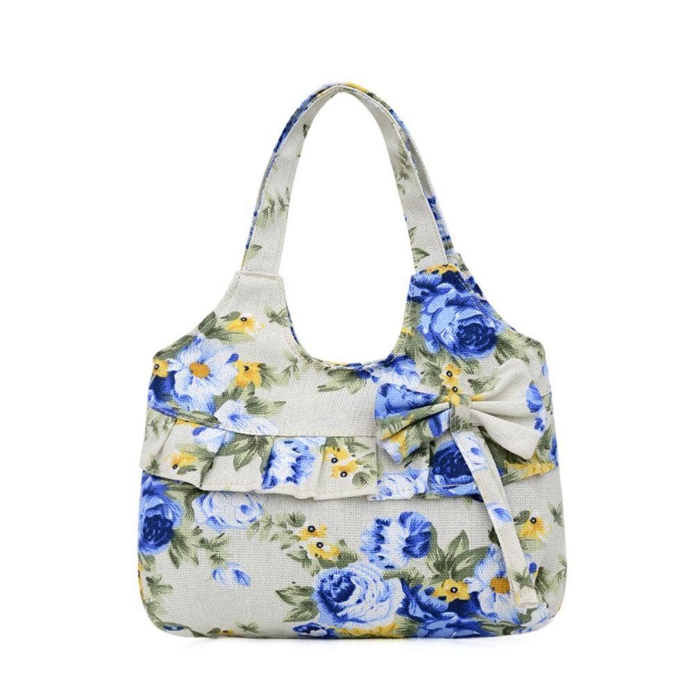 Retro Women Canvas Handbag Bow Shoulder Bag Female Flower Printed Fashion Small Canvas Bag