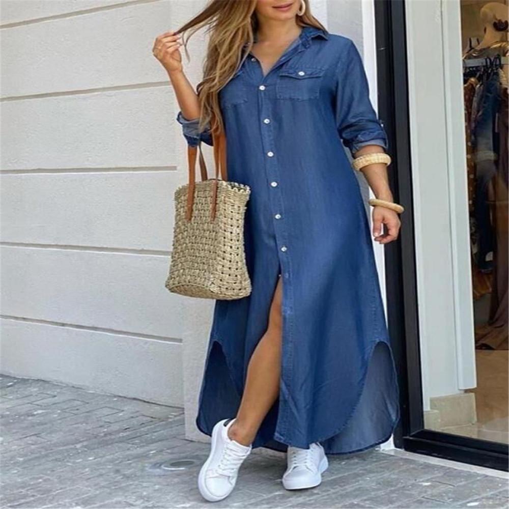 New Women's Spring and Autumn Fashionable Sexy Single-breasted Shirt Long Skirt Loose Lapel Dress