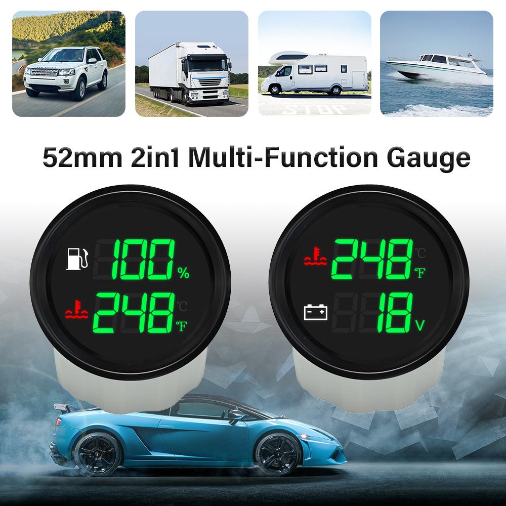 Rhaxel 52mm 2in1 Multifunctional Gauge Fuel Level Water Temperature Voltage Water Level 9-32V for Truck RV Yachts with Alarm