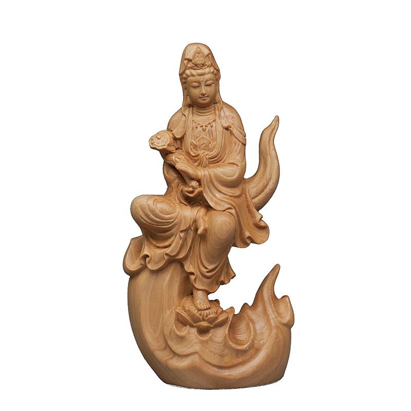 Natural Cypress Guanyin Decorative Figures Statue Solid Wood Carved Chinese Buddha Statues Home Room Office Feng Shui Art Statue