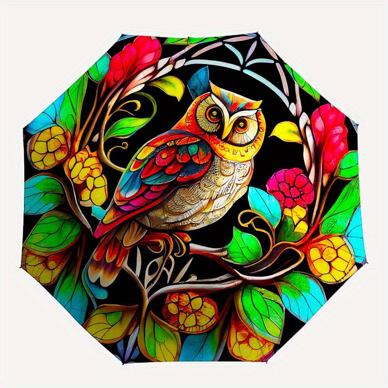 Owl, Stained Glass Automatic folding umbrella  simple eight rib design, bright color pattern, durable iron frame, ideal for travel and outdo