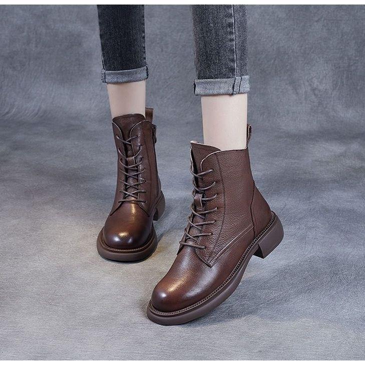 Женские ботинки в ретро-британском стиле, кожаные туфли для женщин, 2025, новые зимние теплые короткие ботинки, туфли на платформе и квадратном каблуке