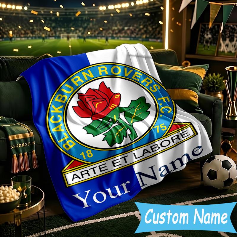 Custom Name Blackburn Rovers Fc Crest Flannel Blanket, Use for Birthday/Holiday Gift, Soft Blanket for Sofa/Bed/Camping/Office, Home Decor