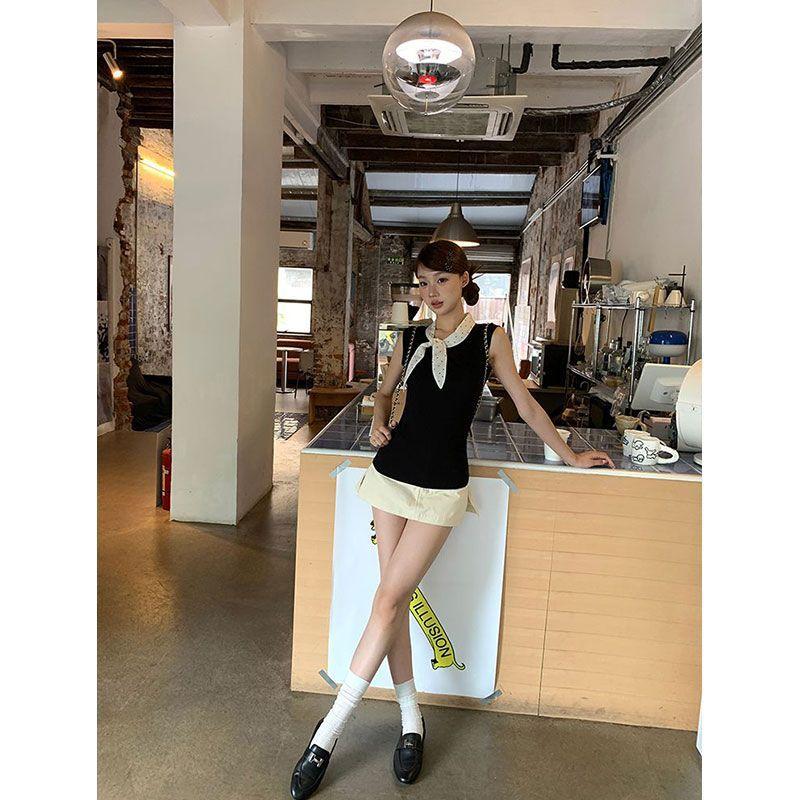 Summer new slim and slim sleeveless top Spice girl design bow polka dot niche chic outer T-shirt