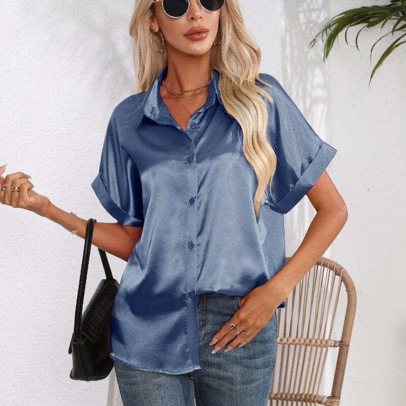 Summer Silk Shirts Women Button Up Satin Blouse Loose Office Short Sleeve Ladies Tops Casual Shirt Elegant 26103
