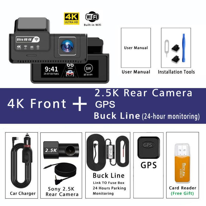 4K+2.5K Dash Cam Dual Lens 2160*3840P Recording Car Camera Built-In WiFi GPS DVR Dashcam Night Vision Video Recorder 24H Parking