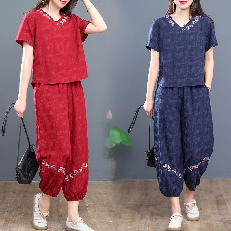 Плюс размер Женский повседневный летний топ с коротким рукавом шаровары комплект из 2 предметов Cross-Border Одежда больших размеров