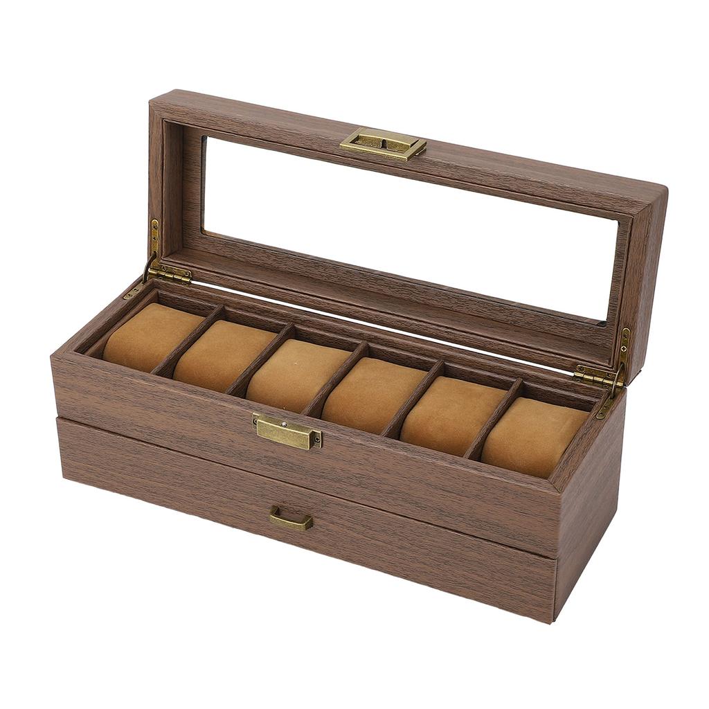 Watch Holder Vintage Grain PU Leather Double Layers 6 Slot Watch Holder Organizer