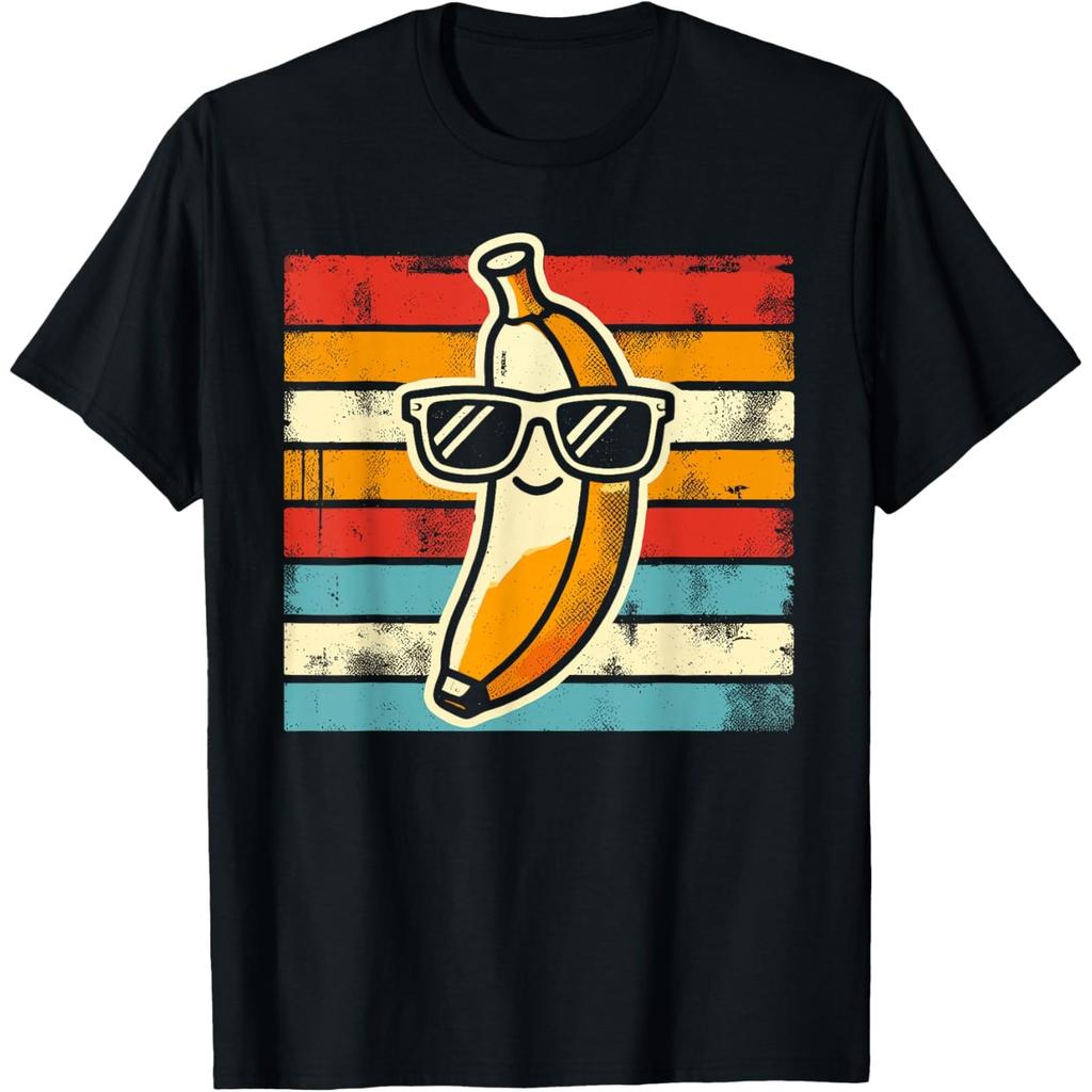 Funny Banana With Sunglasses Graphic Tee Retro Vintage Striped Casual O-Neck T-Shirt