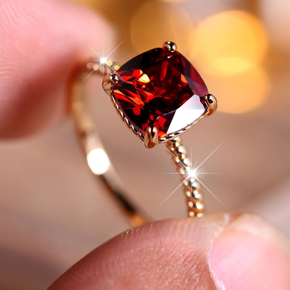 Gold Rings for Women Square Cut Red Cubic Zirconia Ring Wedding Band Engagement Bridal Jewelry