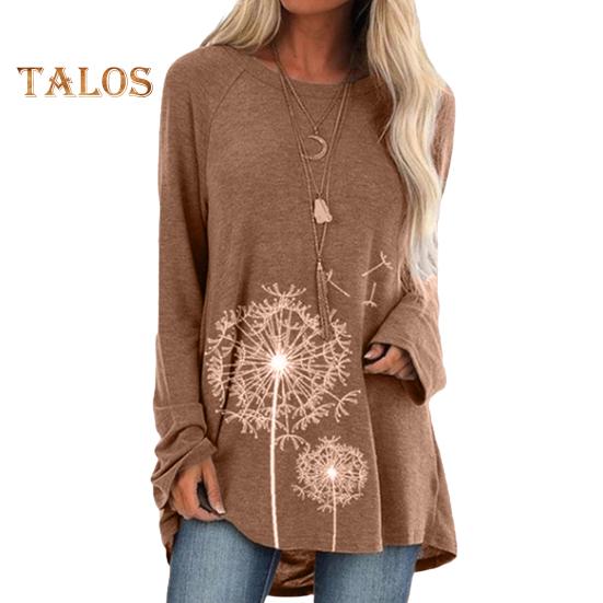 Женская туника больших размеров с принтом одуванчика, удлиненная рубашка с круглым вырезом и длинными рукавами, футболка-пуловер свободного кроя для работы, повседневной жизни