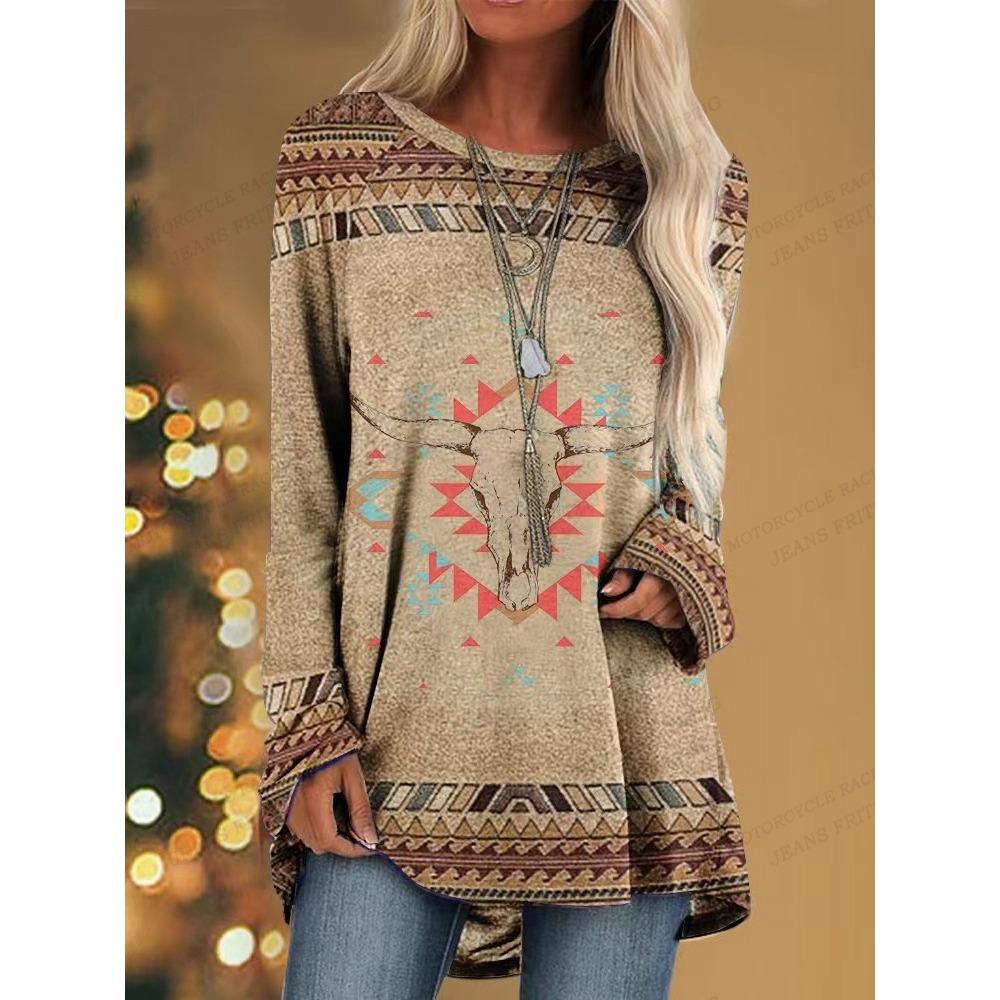 Large-sized Women's Printed Long-sleeved Shirt - Casual Pullover Long-sleeved Top, 100% Polyester Knitted Fabric