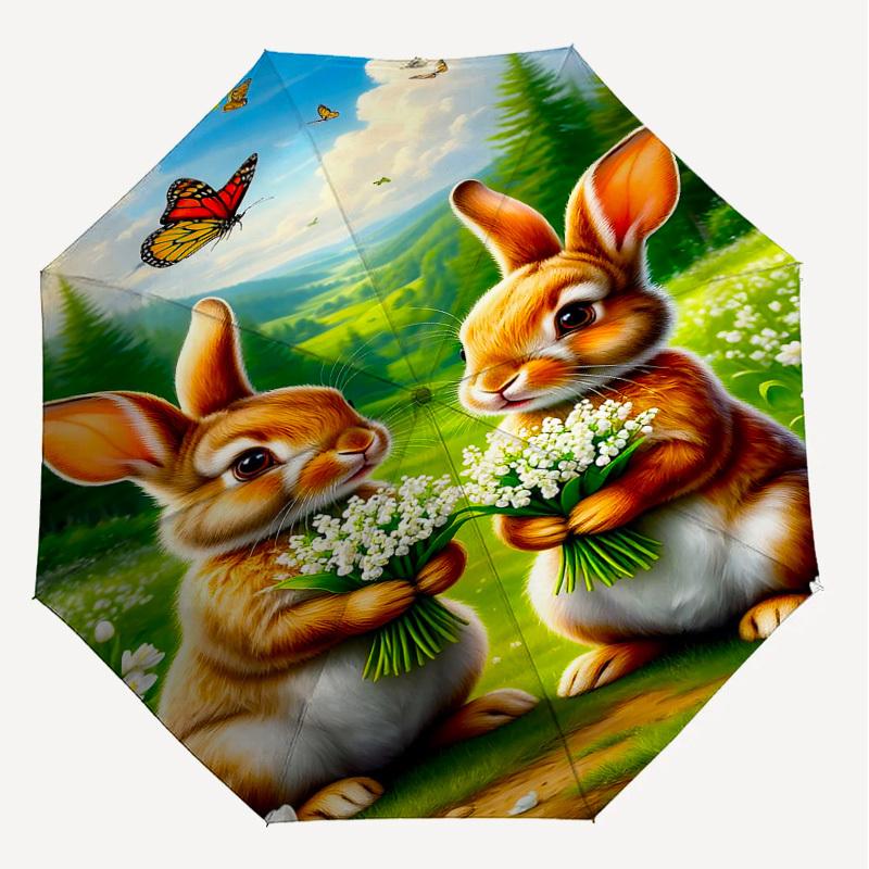 1PC Bunnies Flowers Umbrella-8-Rib Reinforced, Automatic Open, Lightweight & Durable, Fashion Accessory for Outdoor, J0329