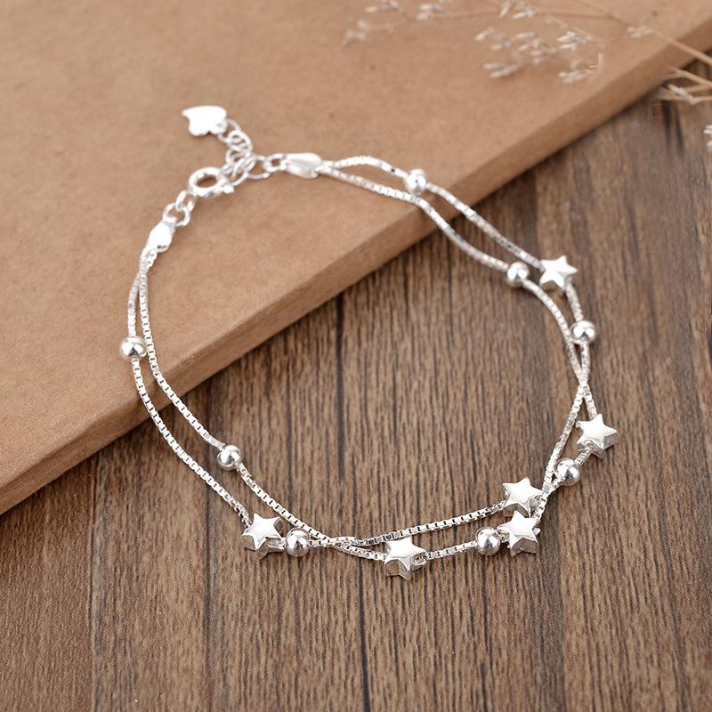Sterling Silver S925 Silver Bracelet Round Bead Five-pointed Star Double Layer Bracelet Simple Fashion Versatile Fresh Personalized Hand Jewelry