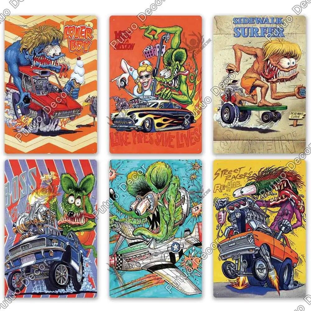 Декор Putuo Rat Fink, модифицированная автомобильная культура, винтажная металлическая жестяная вывеска, декоративная тарелка для гаража, мужская пещера, бар, паб, клуб, украшение