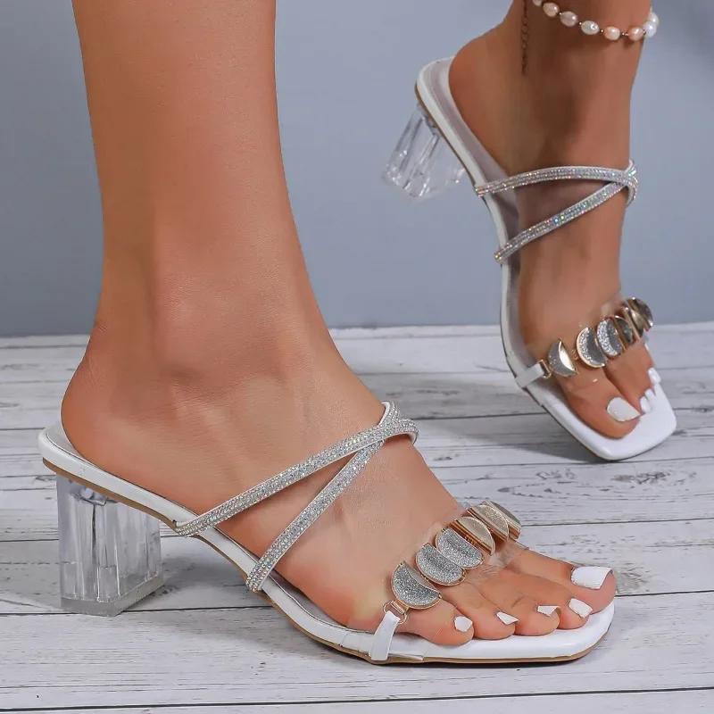 Модные женские тапочки 2024 года, модные туфли на высоком каблуке, однотонные, удобные, темпераментные, универсальные, желейные, высокие каблуки, римские, с кристаллами, высокие каблуки