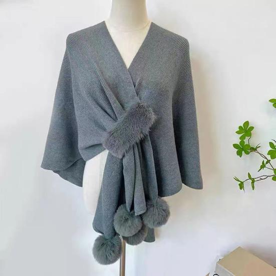Women Cloak Shawl V-neck Solid Color Plush Ball Decor Cross Design Warm Versatile Knitting Shawl Daily Commuting Wear