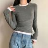 Spring Autumn Long Sleeve Fake Two Pieces O Neck Solid Color Slim Fit T Shirt Top for Ladies