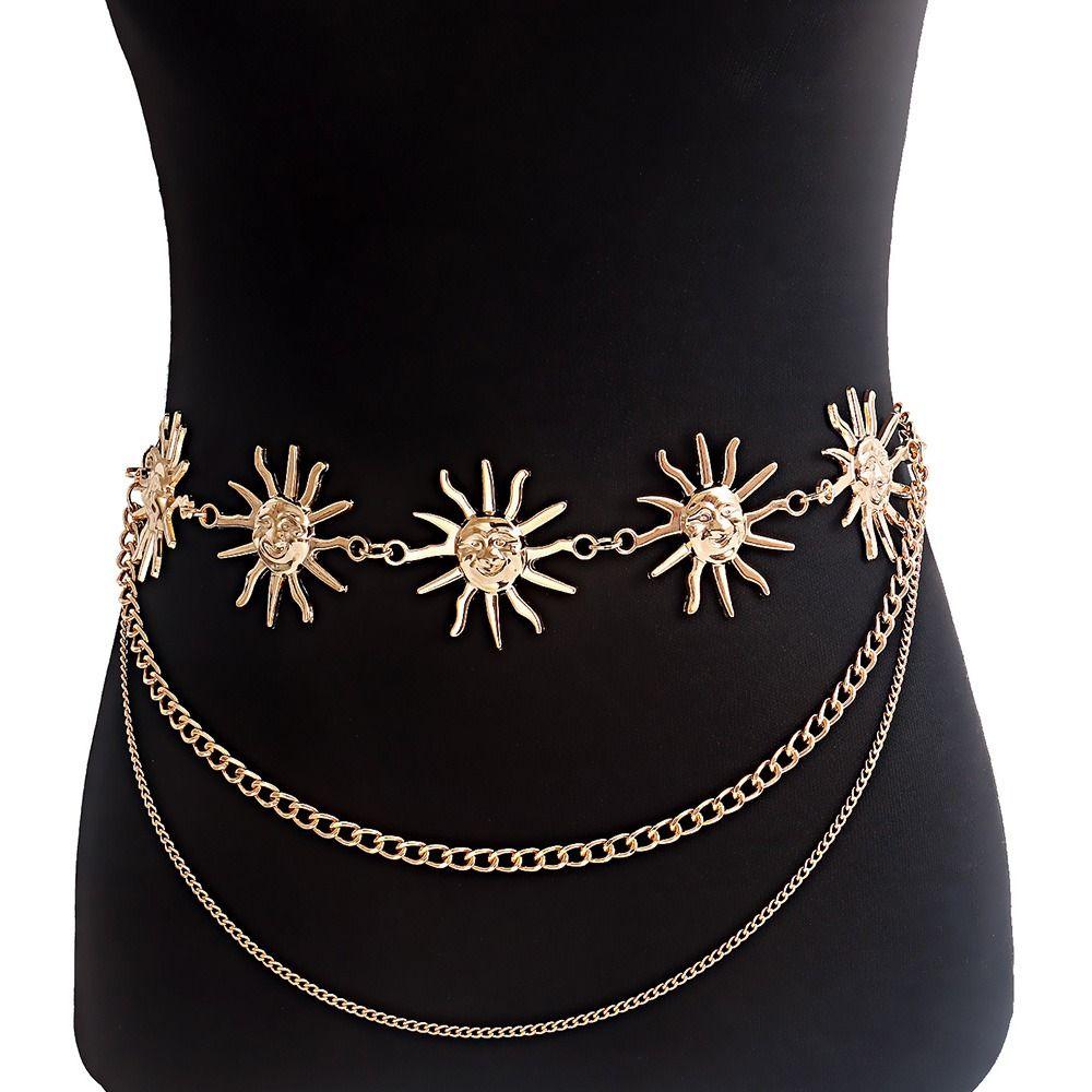 Fashion Hip Hop Metal Womans Layered Belt Sun Waistband Punk Waist Chain Dress Cummerbands