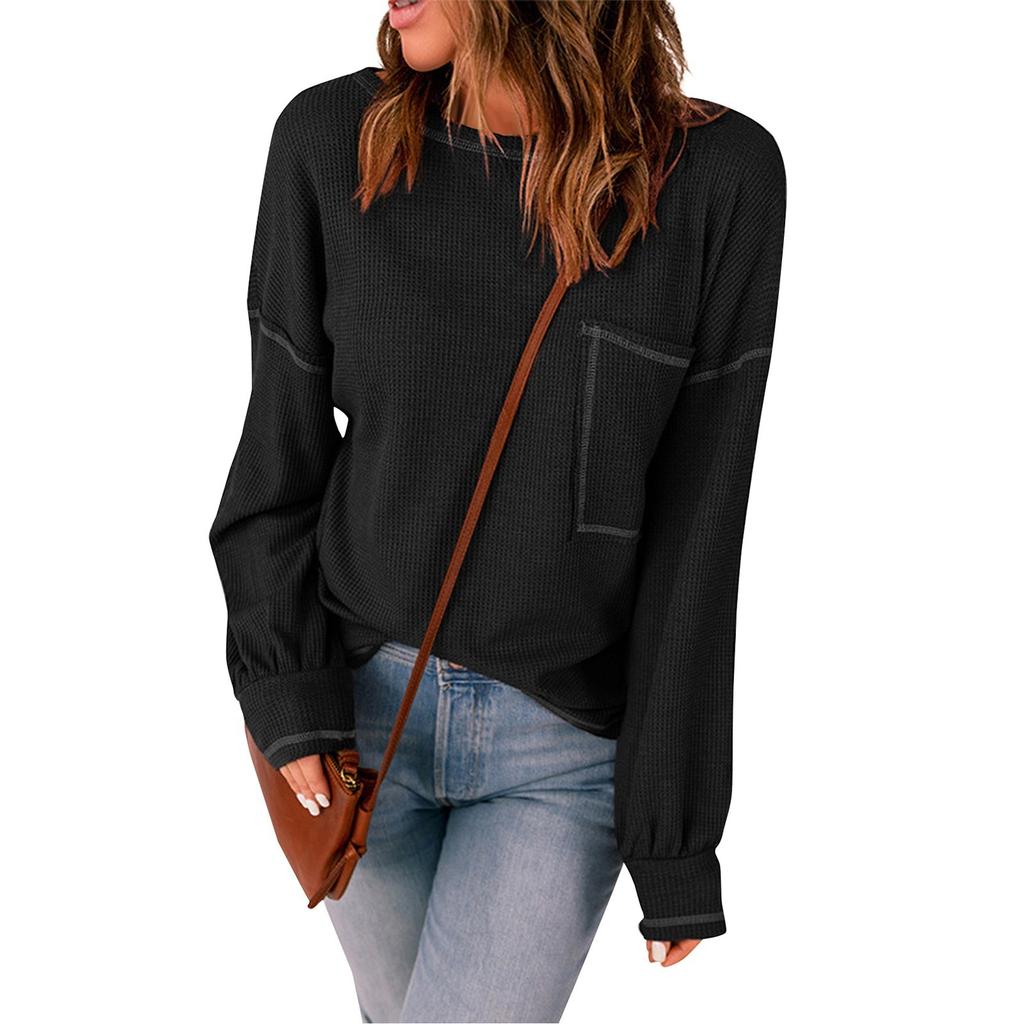 Женский однотонный осенний вязаный топ с длинными рукавами и карманами и круглым вырезом