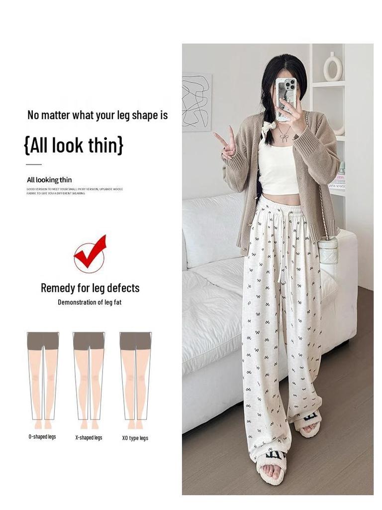 Маленький бантик Брюки с высокой талией и широкими штанинами - Женские Весенне-осенние Мягкие Прямые штанины