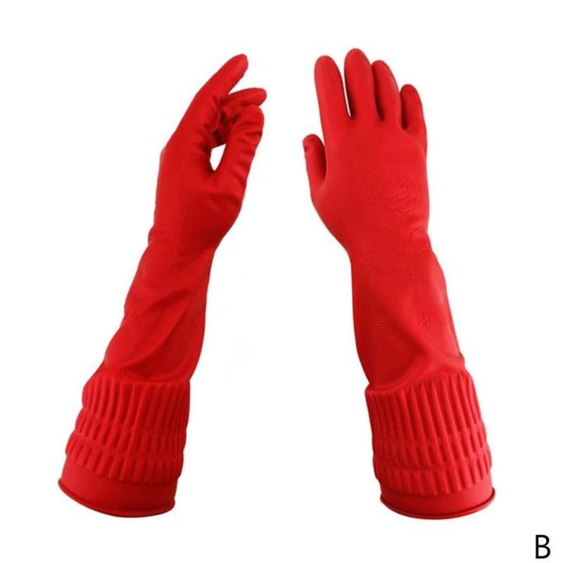 1Pair Red Gloves Washing Dishes Cleaning Waterproof Rubber Sleeve Gloves Latex Long Gloves Kitchen Tool Hands Protection