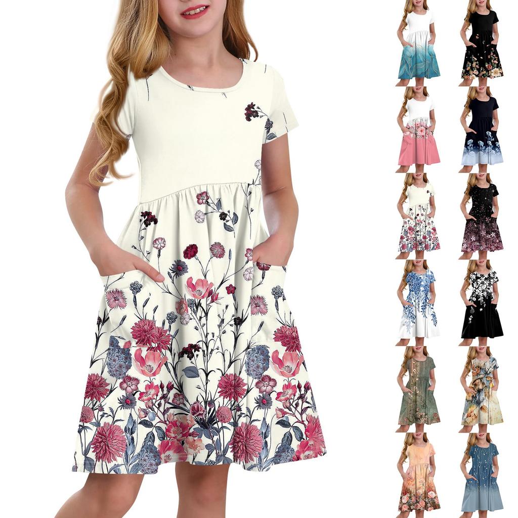 Children's Skirt Round Neck Short Sleeve Princess Dress Fashion Casual Pocket Dress For Girls