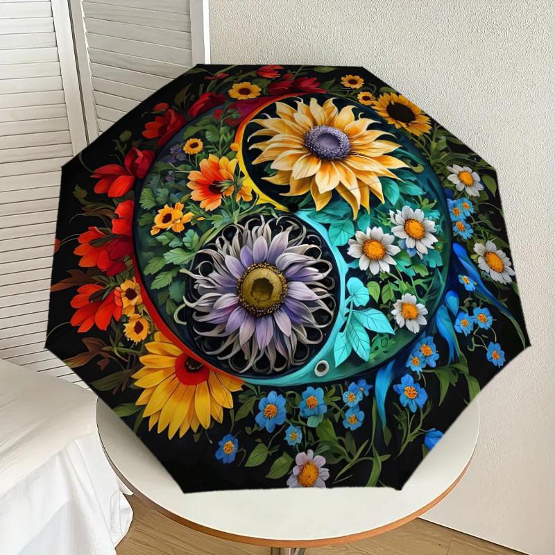 1pc Floral Yin-Yang Harmony Umbrella with Plastic Handle,Suitable for All Seasons Home Travel Outdoor UmbrellaDD1779