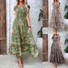 Women's Puff Sleeve V Neck Waist Bohemian Print Long Dress