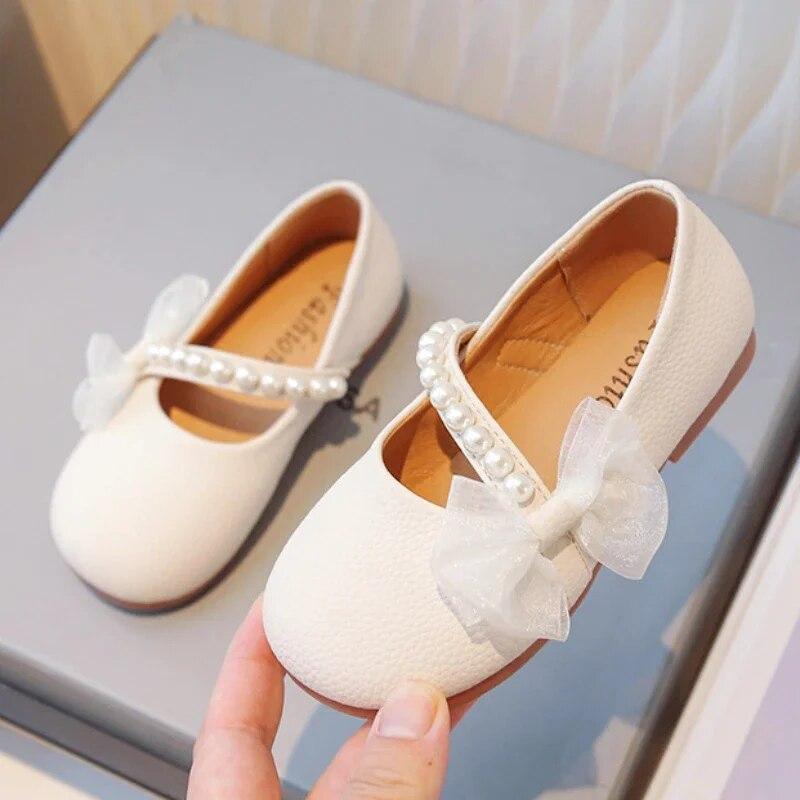 Girl Princess Leather Shoes Chic Versatile Soft Elegant Fashion Lace Bowknot Beading Kid Loafers Wedding Slip-on Mary Janes
