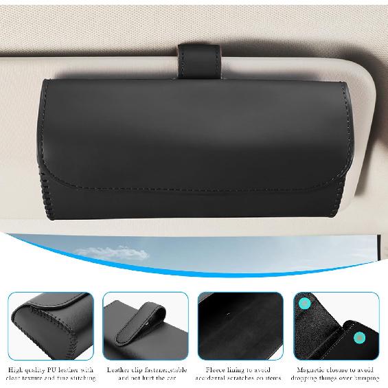 Sunglasses Holder For Car Sun Visor, Leather Auto Eyeglasses Organizer Box With Hidden Magnetic Closure, Vehicle Glasses Case Clip Holder, Car