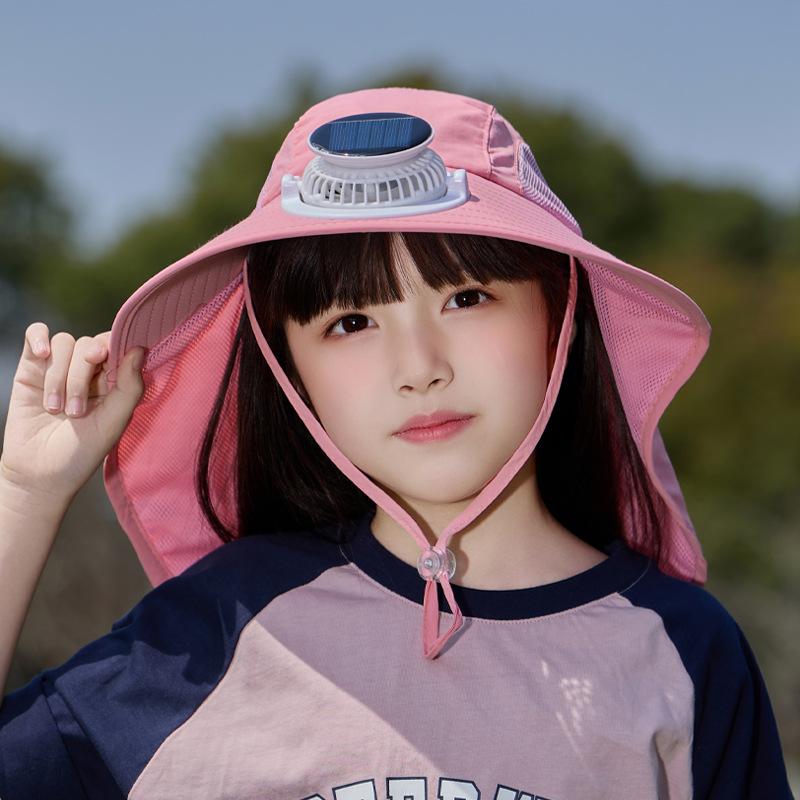 Solar Fan Hat Summer Boys and Girls Sunshade Sunscreen Hat Outdoor Outing Big Brim Shawl Neck Protector Bucket Hat