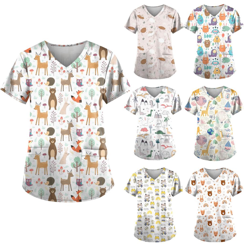 Женский топ с карманами и карманами с короткими рукавами и V-образным вырезом