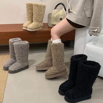 2025 осень и зима новые высокие ботинки из тонкой ягнячьей шерсти на толстой подошве, теплые, женские, для работы