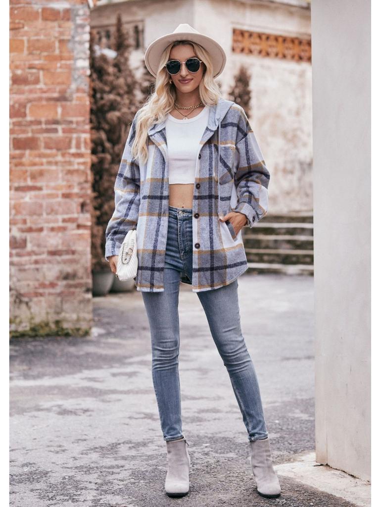 2024 New Autumn and Winter Fashion Simple Casual Hooded Plaid Shirt Loose and Comfortable Commuting Medium Length Women's Coat