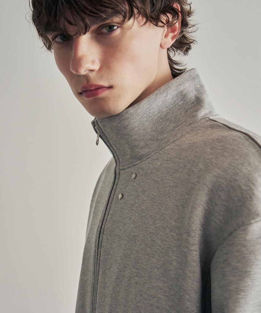 ROTEMBER Studded High-Neck Crop Zip-Up Sweatshirt [Melange Grey]