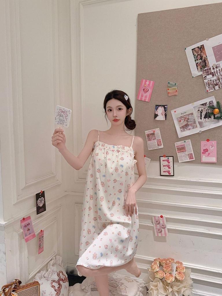 Girl Sleepwear Ice Silk Bear Nightdress Summer Loungewear For Teen Girls