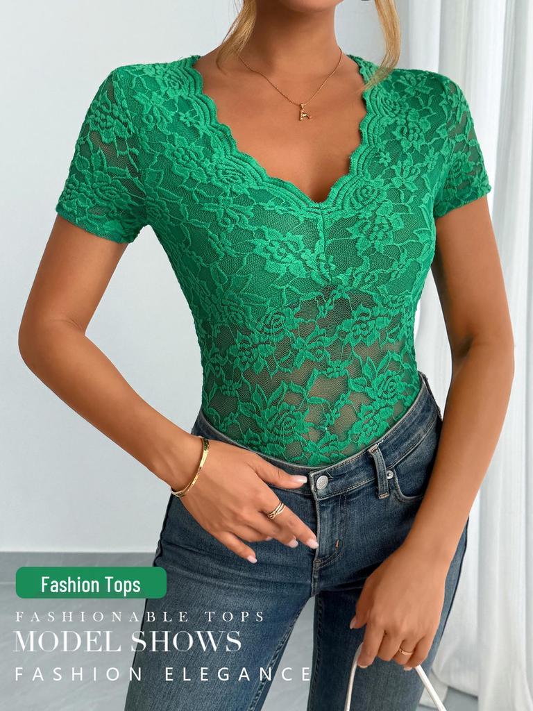 2025 Spring/Summer Women's Sexy Lace V-neck Short Sleeve Top