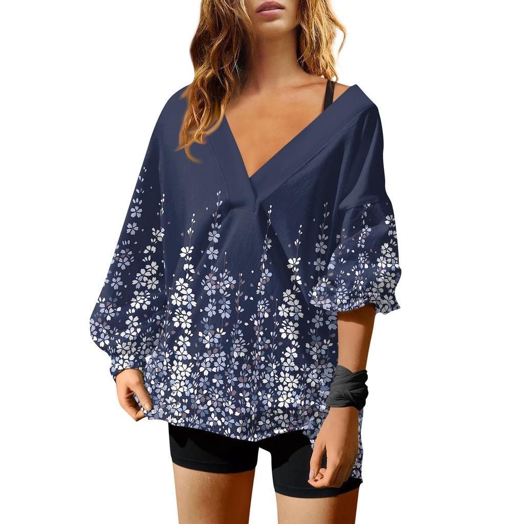 Женская мода ретро принтованный V-образный вырез длинный рукав свободный пуловер свитшот топ