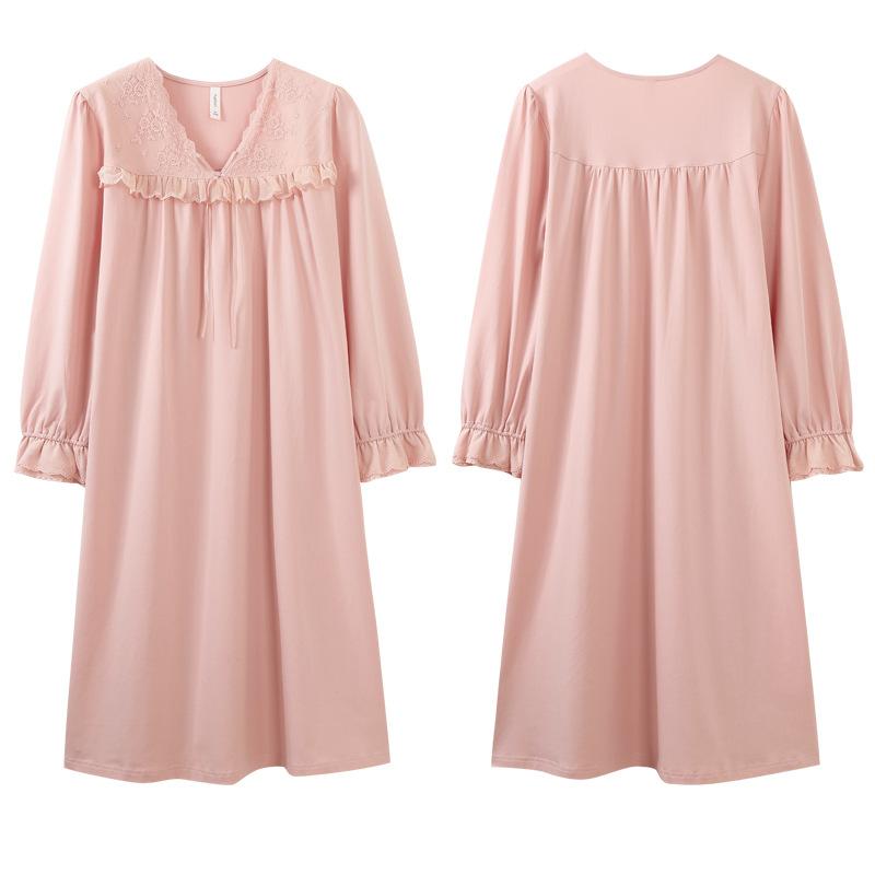 Пижама Женская Весна и Осень Хлопковая Пижама с Длинным Рукавом Юбка Кружево Кружево Можно Носить На Улицу Средней Длины До Колена Домашняя Одежда