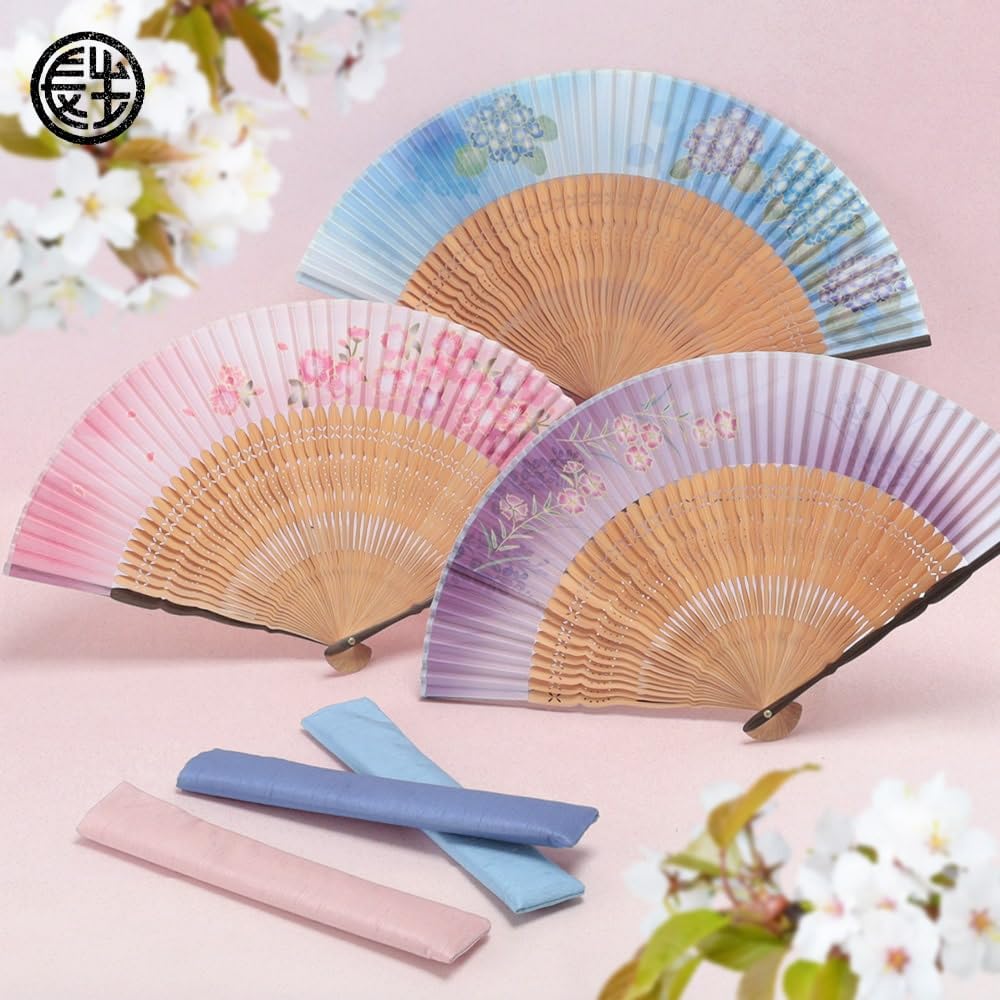 Стильный деловой набор с веером, чехлом для веера и платком Yuuka [Osaka Choseido] Женский - (Гортензия (синий))