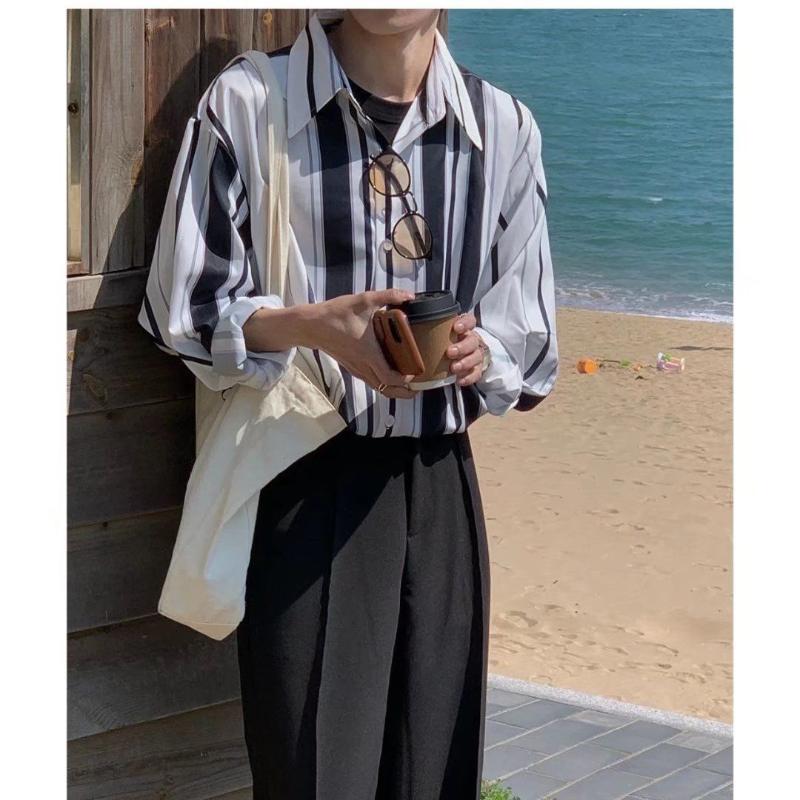 2023 New Spring and Autumn Fashion Trend Men's Polo Neck Stripe Contrast Color Long Sleeve Handsome Versatile Casual Loose Shirt