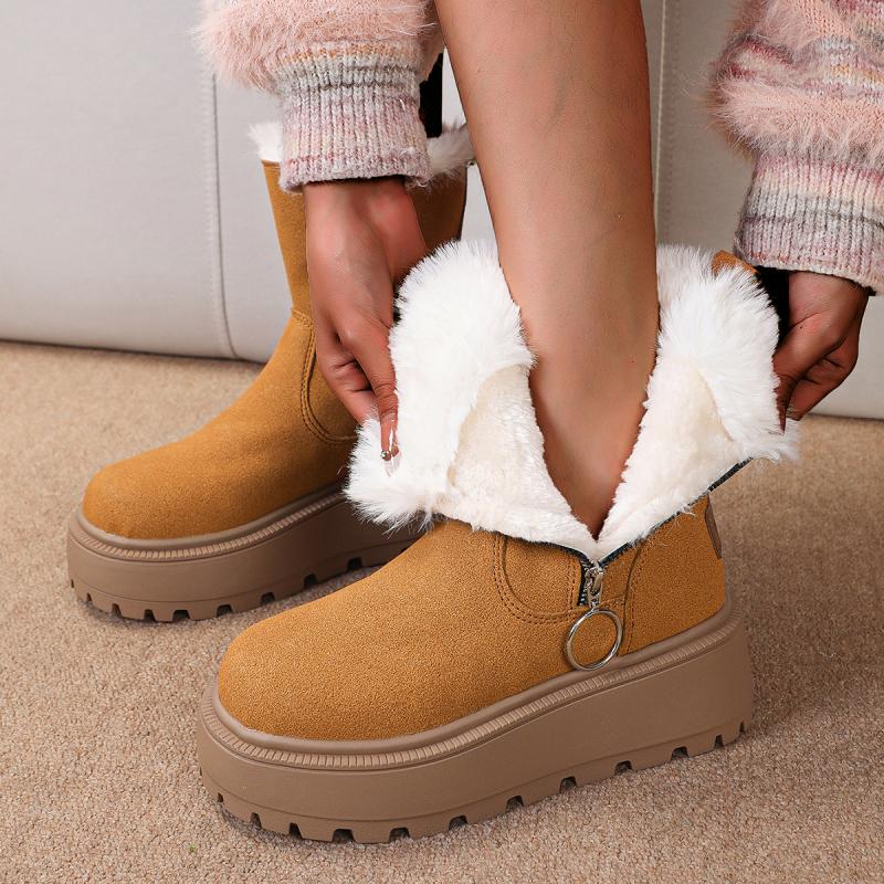 Fashion Chunky Platform Furry Suede Snow Boots Women 2025 Winter Thick Bottom Fluffy Fur Ankle Boots Side Zip Warm Plush Women's Shoes