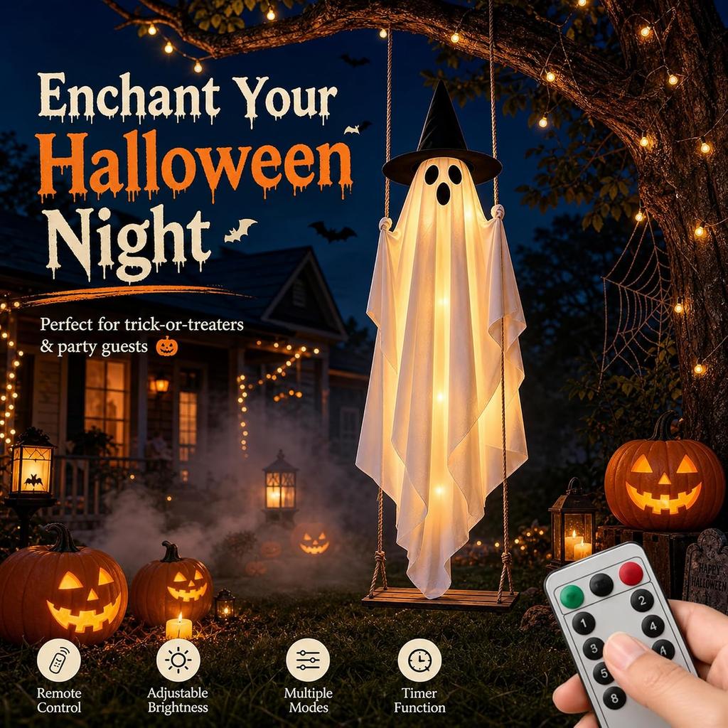 Large 5ft Hanging Flying Ghost Halloween Decor with Swing Light Up Floating Design for Front Porch Yard Tree Backyard Parties 1 Pack