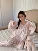 Autumn new cotton cardigan lace round neck bright girl series long sleeves trousers homewear women's cute pet paradise